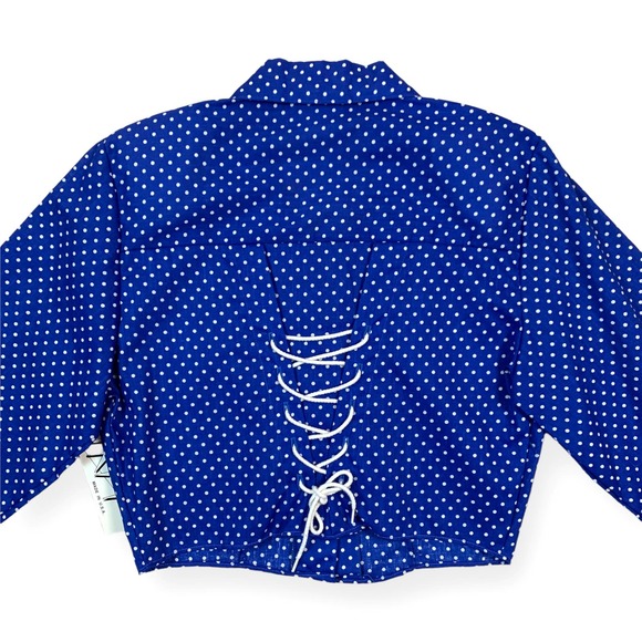 NWT Vintage Try 1 Cropped Blue White Polka-Dot Button Down Blouse Top- Medium - Picture 4 of 9